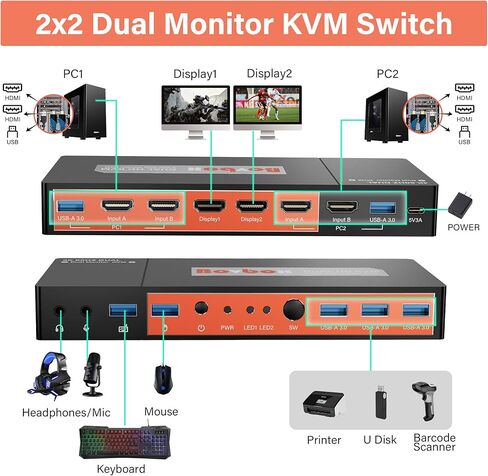 KVM Switch DisplayPort - HDMI KVM Switches 2 Port Dual Monitor Extended Display, 4K@60Hz 4:4:4 KVM Switch 2 Monitors 2 Computers with 3 USB 3.0 Hub, Audio, Hotkey & Button Switching in Kuwait
