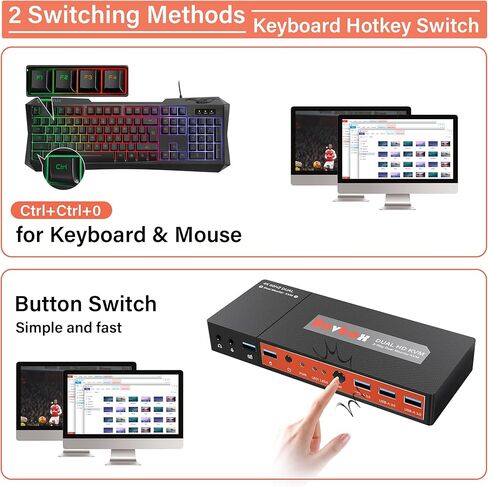 KVM Switch DisplayPort - HDMI KVM Switches 2 Port Dual Monitor Extended Display, 4K@60Hz 4:4:4 KVM Switch 2 Monitors 2 Computers with 3 USB 3.0 Hub, Audio, Hotkey & Button Switching in Kuwait
