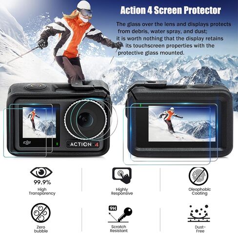 واقي شاشة من الزجاج المقسى لكاميرا دي جيه اي اوسمو اكشن 4 من سوبتو، قطعتان من واقي الشاشة الامامي والخلفي + قطعتين من رقائق العدسة، ملحقات كاميرا دي جيه اي اوسمو اكشن 4 (6 قطع) in Kuwait