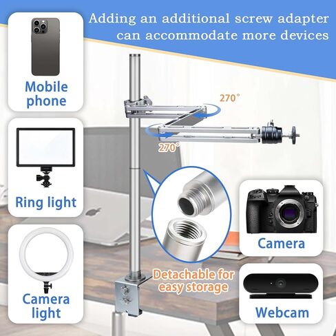 حامل حامل للكاميرا العلوية للمكتب، تصميم متعدد الأذرع، ارتفاع قابل للتعديل، حامل تصوير DSLR من الأعلى إلى الأسفل، مع رأس كروي 360 درجة للضوء الدائري/كاميرا الفيديو/كاميرا الويب/إضاءة اللوحة in Kuwait