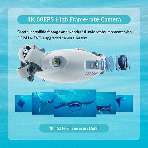 طائرة بدون طيار FIFISH V-EVO 4K60FPS تحت الماء مع قفل رؤية AI، QYSEA 360 درجة حركة متعددة الاتجاهات تحت الماء ROV مع تثبيت العمق، روبوت محمول مع تحكم في الواقع الافتراضي، 166 درجة UWA، التحكم في التطبيق (غوص 330 قدمًا) in Kuwait