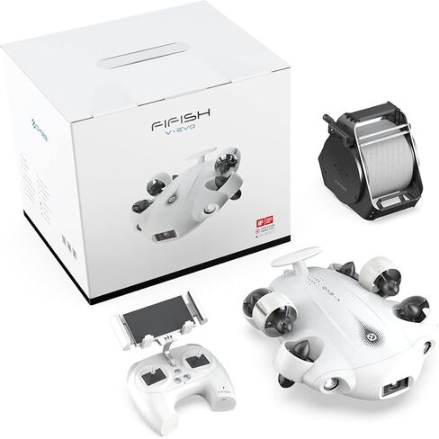 طائرة بدون طيار FIFISH V-EVO 4K60FPS تحت الماء مع قفل رؤية AI، QYSEA 360 درجة حركة متعددة الاتجاهات تحت الماء ROV مع تثبيت العمق، روبوت محمول مع تحكم في الواقع الافتراضي، 166 درجة UWA، التحكم في التطبيق (غوص 330 قدمًا) in Kuwait