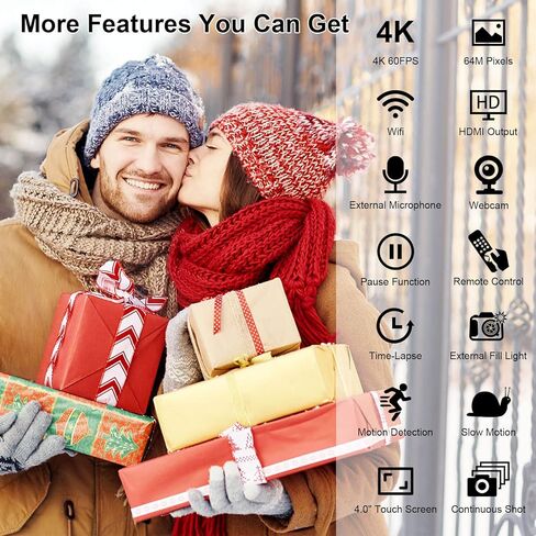 كاميرا فيديو 4K كاميرا فيديو 64 ميجابكسل 60 إطارًا في الثانية، تركيز تلقائي عالي الدقة 18X تكبير رقمي 4.0 بوصة شاشة لمس تسجيل فيديو مع بطارية 4500 مللي أمبير في الساعة، شاحن، ميكروفون، مثبت يدوي، جهاز تحكم عن بعد، بطاقة SD 64 جيجا in Kuwait
