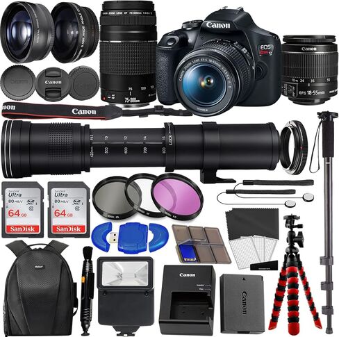 Canon EOS Rebel T7 DSLR Camera with 18-55mm is II Lens Bundle + Canon EF 75-300mm f/4-5.6 III Lens + 420-800mm HD SuperZoom Lens + 128GB Memory + Filters + Flash + Monopod + Professional Bundle Black in Saudi Arabia