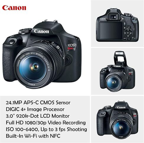 Canon EOS Rebel T7 DSLR Camera with 18-55mm is II Lens Bundle + Canon EF 75-300mm f/4-5.6 III Lens + 420-800mm HD SuperZoom Lens + 128GB Memory + Filters + Flash + Monopod + Professional Bundle Black in Saudi Arabia