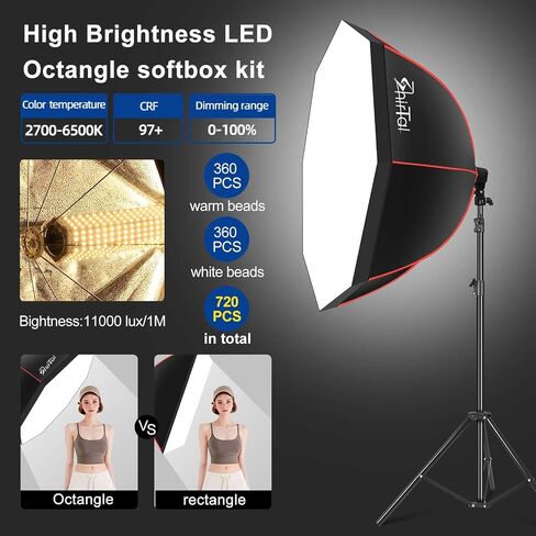 Softbox Photography Lighting Kit,37" Octange Softbox Lighting Kit with Honeycomb Grid 110W 2700K-6500K 11000Lux Dimmable LED Prismatic Lamp and Remote Control, Lighting for Video Recording in Saudi Arabia