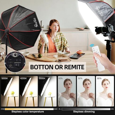 Softbox Photography Lighting Kit,37" Octange Softbox Lighting Kit with Honeycomb Grid 110W 2700K-6500K 11000Lux Dimmable LED Prismatic Lamp and Remote Control, Lighting for Video Recording in Saudi Arabia