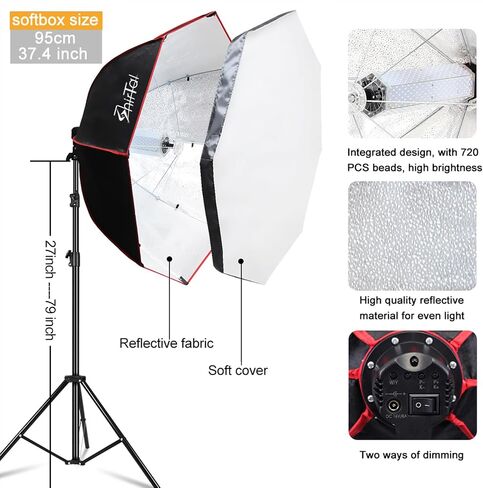 Softbox Photography Lighting Kit,37" Octange Softbox Lighting Kit with Honeycomb Grid 110W 2700K-6500K 11000Lux Dimmable LED Prismatic Lamp and Remote Control, Lighting for Video Recording in Saudi Arabia