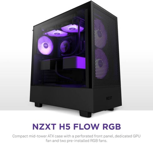 NZXT H5 Flow RGB Compact ATX Mid-Tower PC Gaming Case– Black & Kraken 240 - ‎RL-KN240-B1-240mm AIO CPU Liquid Cooler - Customizable 1.54" Square LCD Display for Images in Saudi Arabia