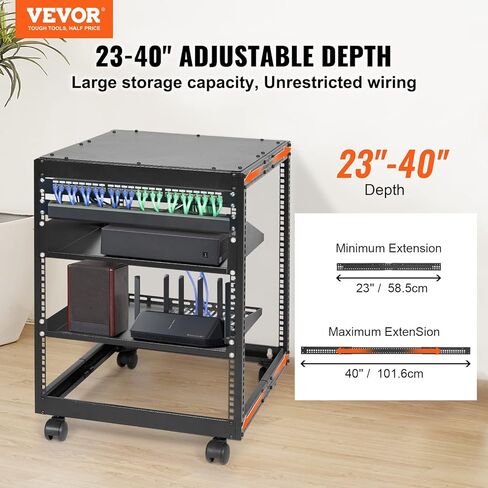 حامل خادم الإطار المفتوح VEVOR 20U، عمق قابل للتعديل 23 بوصة - 40 بوصة، حامل خادم الشبكة قائم بذاته أو مثبت على الحائط، حامل 4 بوست AV مع عجلات، يحمل جميع معدات تكنولوجيا المعلومات الخاصة بالشبكات AV Gear Router Modem in Kuwait