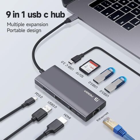 USB-c hub for laptops USB C Hub with vga hdmi Multiport Adapter, 9 in 1 USB hub USB c USB3.0 SD/MicroSD for HP Dell Lenovo MacBook (lightGrey_VGA) in Saudi Arabia