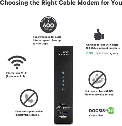 ARRIS Surfboard SBG7600AC2-RB DOCSIS 3.0 Cable Modem & AC2350 Wi-Fi Router , Approved for Comcast Xfinity, Cox, Charter Spectrum & more , Four 1 Gbps Ports , 800 Mbps Max Internet Speeds,- REFURBISHED in Saudi Arabia
