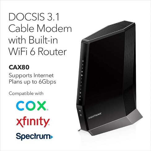 مودم كابل NETGEAR Nighthawk مع موجه WiFi 6 مدمج (CAX80) - متوافق مع جميع مقدمي الخدمات الرئيسيين | خطط الكابلات تصل إلى 6 جيجابت في الثانية | AX6000 واي فاي 6 سرعات | DOCSIS 3.1 (متجدد) in Saudi Arabia