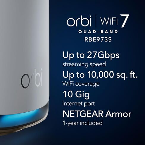 NETGEAR Orbi 970 Series Quad-Band WiFi 7 Mesh Network System (RBE973S), Router + 2 Satellite Extenders, Covers Up to 10,000 sq. ft., 200 Devices, 10 Gig Internet Port, BE27000 802.11be (Up to 27Gbps) in Saudi Arabia