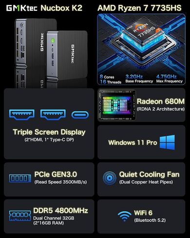 GMKtec Gaming Mini PC Windows 11 Pro AMD Ryzen 7 7735HS كمبيوتر صغير يصل إلى 4.75 جيجا هرتز 32 جيجا بايت DDR5 RAM 1 تيرابايت محرك الأقراص الصلبة PCIe SSD AMD Radeon 680M، 2 x HDMI، 1x USB4، 4X منافذ USB، WiFi 6، BT5.2 Nucbox K2 in Kuwait