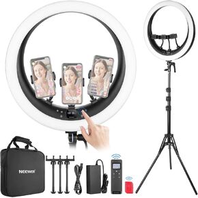 NEEWER 19 inch Ring Light with Stand and 3 Phone Holders, Upgraded 2.4G Control Smooth Dimming at 1%, LCD and Touch Control, CRI 97+ 2540lux, for Streaming Home Office Zoom Call Lighting - RP18H