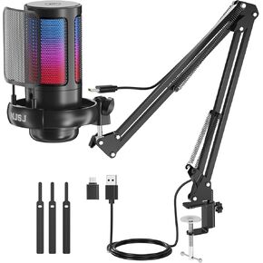 NJSJ USB Gaming Microphone for PC, Condenser Mic with Boom Arm for PS4/ PS5/ Mac/Phone with Touch Mute, RGB Lighting,Gain knob & Monitoring Jack for Streaming,Podcasting,YouTube