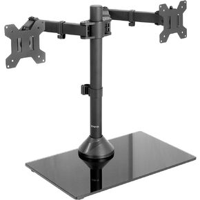 VIVO Freestanding Dual Ultrawide Monitor Stand with Sleek Glass Base and Adjustable Arms, 2 Screens up to 38 inches and 22 lbs Each, Black, STAND-V038FG