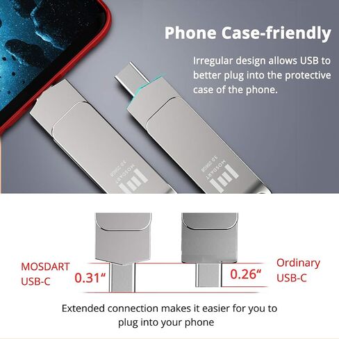 MOSDART 64GB USB C and A 3.2 150MB/s Dual Flash Drive with Keychain, Pink | Fits Android Phones, iPhone 15, 16, 17, Macbook, iPad, For Photos and Videos, USB-C Port Protection, Phone Case Friendly in Kuwait