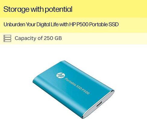 HP قرص صلب محمول P500 سعة 250GB (SSD)، 420 ميجابايت/ثانية، كيبل USB نوع C الى A ومحول من النوع A الى C، سرعات نقل سريعة وخفيف الوزن، ازرق in Kuwait