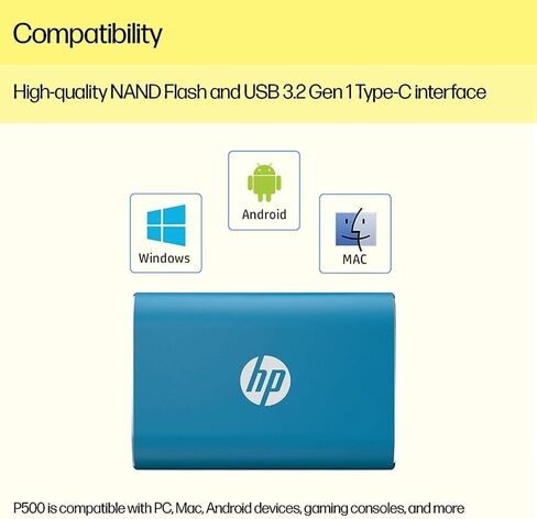 HP قرص صلب محمول P500 سعة 250GB (SSD)، 420 ميجابايت/ثانية، كيبل USB نوع C الى A ومحول من النوع A الى C، سرعات نقل سريعة وخفيف الوزن، ازرق in Kuwait