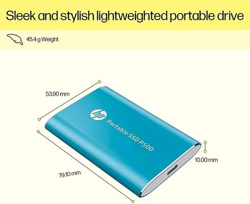 HP قرص صلب محمول P500 سعة 250GB (SSD)، 420 ميجابايت/ثانية، كيبل USB نوع C الى A ومحول من النوع A الى C، سرعات نقل سريعة وخفيف الوزن، ازرق in Kuwait