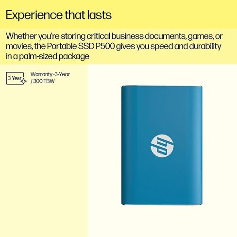 HP قرص صلب محمول P500 سعة 250GB (SSD)، 420 ميجابايت/ثانية، كيبل USB نوع C الى A ومحول من النوع A الى C، سرعات نقل سريعة وخفيف الوزن، ازرق in Kuwait