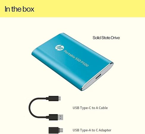 HP قرص صلب محمول P500 سعة 250GB (SSD)، 420 ميجابايت/ثانية، كيبل USB نوع C الى A ومحول من النوع A الى C، سرعات نقل سريعة وخفيف الوزن، ازرق in Kuwait