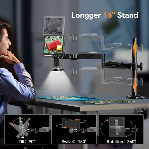 Elikliv AM02 حامل ذراع المجهر مع ضوء حلقة، حامل مجهر مرن، حامل مكتب ميكروفون عالي التحمل مع إدارة الكابلات، حامل ذراع لمجهر اللحام EM4K EDM601 EDM201 EDM9 in Kuwait