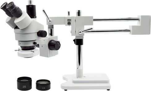 Professional Trinocular Stereo Microscope, 3.5X-45X Magnification with WF10X Eyepieces, 0.7X-4.5X Zoom Objective and 0.5X & 0.7X Auxiliary Lens, Double-Arm Boom Stand, 56S LED Ring Light in Kuwait