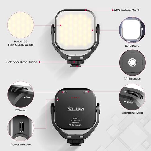 ULANZI VL66 RGB Adjustable Rechargeable 2500-6500K - Mini Video Portable Light on Camera, 2000mAh CRI95+ Dimmable, Ultra Bright Photo and Video Lighting, LED Fill Lamp for DSLR Camcorder Action Camera in Saudi Arabia