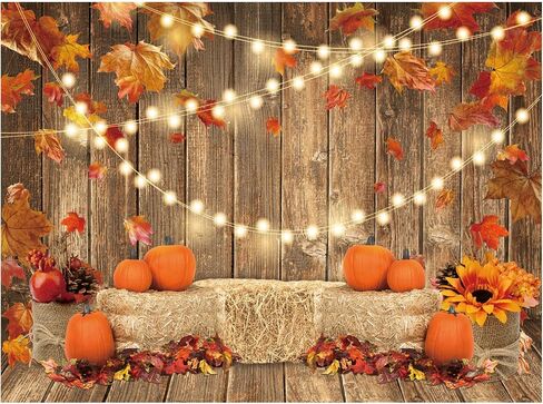 Funnytree 8x6FT Fall Pumpkin Photography Backdrop Autumn Tanksgiving Harvest Hay Leaves Wooden Background Sunflower Maple Baby Shower Banner Decoration Party Supplies Photo Booth Prop in Kuwait