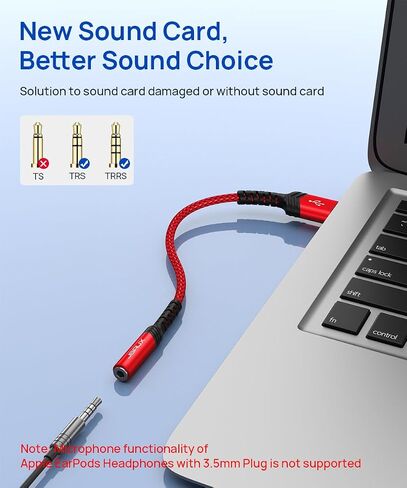 JSAUX USB to 3.5mm Jack Audio Adapter, Sound Card Support Mic TRRS | TRRS 4-pole, Nylon Braided, USB to Aux Jack, Plug and Play, for Headset Headphone Speaker Windows Mac Linux PC PS5 PS4 in Saudi Arabia