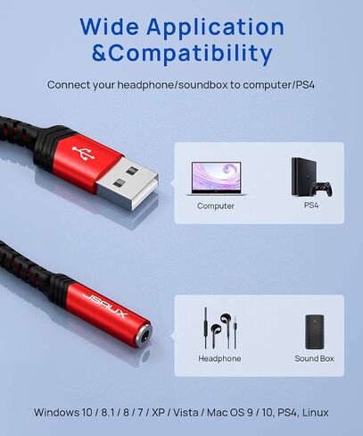 JSAUX USB to 3.5mm Jack Audio Adapter, Sound Card Support Mic TRRS | TRRS 4-pole, Nylon Braided, USB to Aux Jack, Plug and Play, for Headset Headphone Speaker Windows Mac Linux PC PS5 PS4 in Saudi Arabia