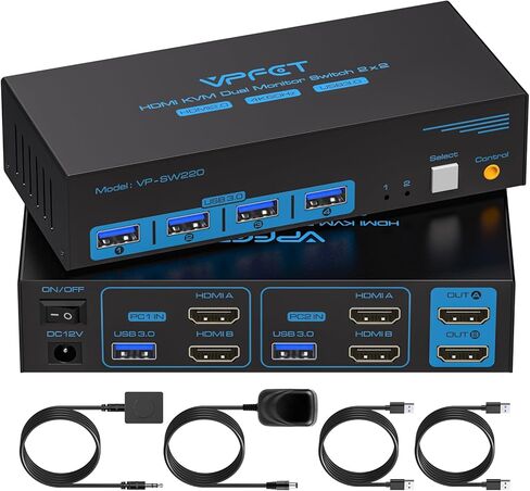 HDMI KVM Switch Dual Monitor 2 Port 4K@60Hz 2 Monitors 2 Computers USB 3.0 KVM Switcher PC Extended Display for 4 USB Devices Like Mouse Keyboard Printer Gamepad Desktop Controller and 2 USB Cables in Kuwait