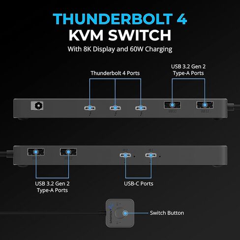 SABRENT Thunderbolt 4 KVM Switch، مشاركة الأجهزة الطرفية مع 3X Thunderbolt 4 USB C 40 جيجابت في الثانية، 2X USB-C شحن 60 وات (PD 3.0) | 4X USB من النوع A 3.2x2 بسرعة 10 جيجابت في الثانية | يدعم 4K@144 هرتز / 8K@60 هرتز DSC (SB-TB4K) in Kuwait