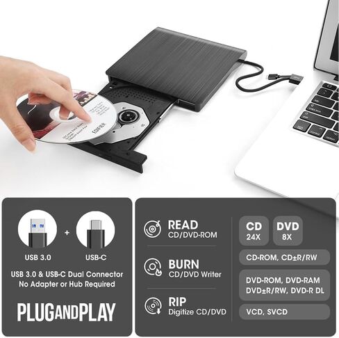 ROOFULL External CD DVD Drive USB 3.0 & USB-C, Portable CD DVD ROM +/-RW Optical Disc Drive Player Reader Writer Burner for Apple Mac MacBook Pro/Air, iMac, Laptop Computer Windows 11/10/8/7, White in Kuwait