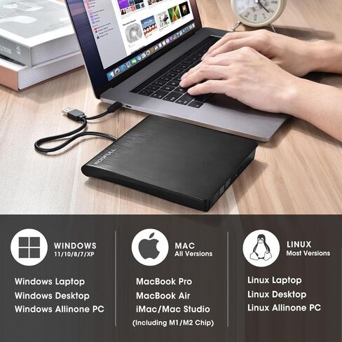 ROOFULL External CD DVD Drive USB 3.0 & USB-C, Portable CD DVD ROM +/-RW Optical Disc Drive Player Reader Writer Burner for Apple Mac MacBook Pro/Air, iMac, Laptop Computer Windows 11/10/8/7, White in Kuwait