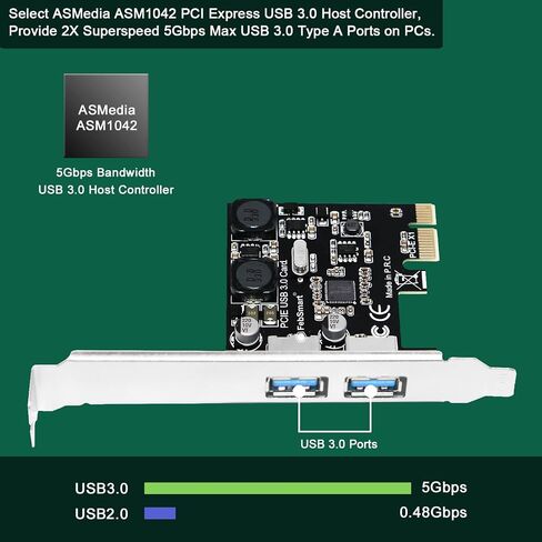 بطاقة توسيع FengSmart بمنفذين فائق السرعة 5 جيجابت في الثانية USB 3.0 PCI Express لأجهزة الكمبيوتر المكتبية التي تعمل بنظام Windows وMAC OS X وLinux، تقنية مدمجة ذاتية التشغيل، لا تحتاج إلى مصدر طاقة إضافي (FS-U2S-Pro) in Kuwait