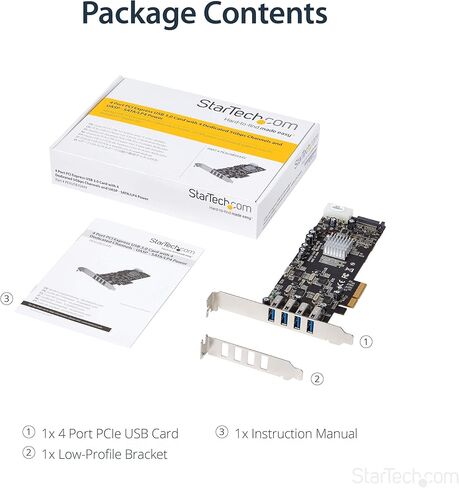 ستارتيك. بطاقة بمنفذ USB 3.0 بمنفذ PCIe من كوم مع 4 قنوات مخصصة بسرعة 5 جيجابايت في الثانية (USB 3.2 الجيل الاول) - UASP - طاقة ساتا / LP4 - بطاقة محول PCI اكسبرس (PEXUSB3S44V) in Kuwait