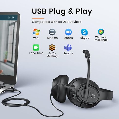 EKSA Headset with Microphone for Laptop, Wired Computer Headset with Volume & Mic Mute Controls, Lightweight PC Headphones for Office Call Center Skype (Over Ear USB Headset with AI ENC) in Kuwait
