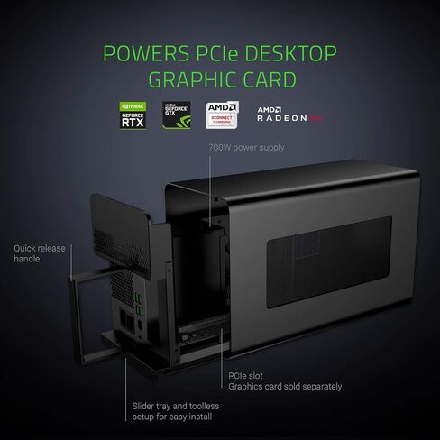 حافظة وحدة معالجة الرسومات الجرافيكية الخارجية Razer Core X المصنوعة من الألومنيوم (eGPU): متوافقة مع أجهزة الكمبيوتر المحمولة التي تعمل بنظام Windows وMacOS Thunderbolt 3، ودعم NVIDIA/AMD PCIe، ووحدة PSU بقدرة 650 وات، باللون الأبيض الزئبقي in Saudi Arabia