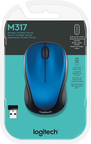 Logitech M317 Compact Ambidextrous 2.4 GHz Wireless Mouse - Blue | Ambidextrous with 2.4 GHz USB-A Nano Receiver, 1000 dpi optical tracking, 12-months battery life, PC, Mac, laptop compatible in Saudi Arabia