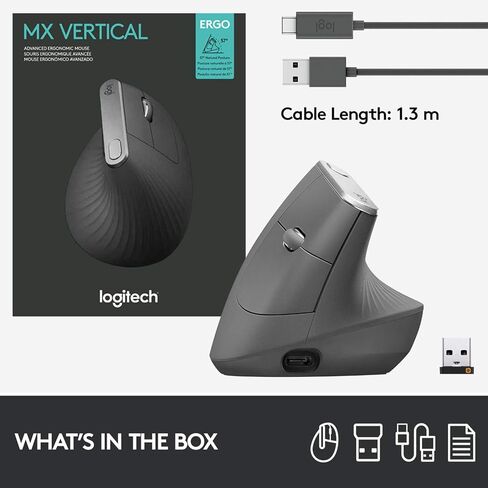 Logitech MX Vertical Wireless Mouse – Ergonomic Design Reduces Muscle Strain, Move Content Between 3 Windows and Apple Computers, Rechargeable, Graphite - With Free Adobe Creative Cloud Subscription in Saudi Arabia