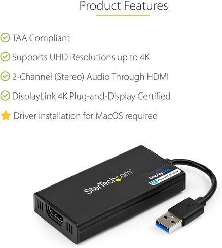 StarTech USB 3.0 to DisplayPort Adapter, 4K 30Hz UHD, TAA (USB32DP4K) | USB to DP display adapter, External adapter, Extended mode, HDCP 2.2, Mac and Windows, External video card in Kuwait