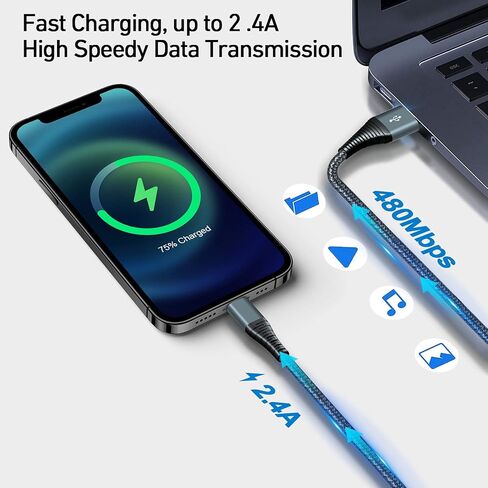 كابل شاحن iPhone بطول 6 أقدام، 3 حزم، [معتمد من Apple MFi] كابل لايتنينج مضفر من النايلون USB سريع لشحن iPhone متوافق مع iPhone14/13/12/12Pro/12ProMax/11/11Pro/XS MAX/XR/XS/X/8/7 in Kuwait