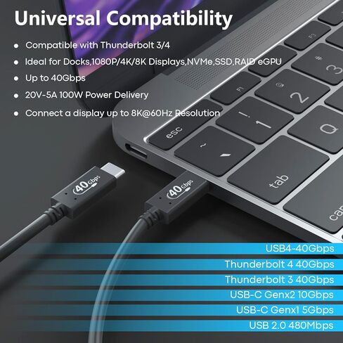 UANTIN USB 4 / Thunderbolt 4 كابل 1FT USB4 40 جيجابت في الثانية كابل بيانات يدعم 100 واط شحن 8K / 5K@60 هرتز فيديو متوافق مع Thunderbolt 3 وUSB Type C لجهاز MacBook Pro Air، Hub، Dock، iPhone 15 Series in Kuwait