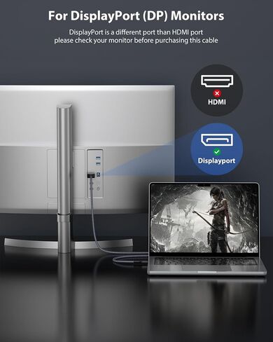 Maxonar USB C إلى DisplayPort VESA معتمد، كابل 8K 60 هرتز من النوع C إلى DP 6.6FT/2M(4K 60 هرتز 144 هرتز 120 هرتز 2K 240 هرتز) 32.4 جيجابت في الثانية 1.4 HBR3 محول فيديو وضع Alt لـ iM1 MacBook Pro Mac Mini، XPS 15 in Kuwait