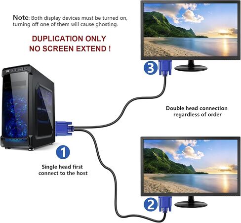 VGA Splitter Cable 1080P Dual VGA Monitor Y Cable 1 Male to 2 Female Adapter Cable Only for Screen Duplication - 1.5 Feet (No Screen Extension) - Only Work for Identical Monitor in Saudi Arabia