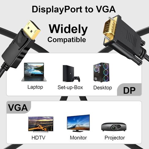 DisplayPort to VGA Cable 6FT 2-Pack, 1080P@60Hz Male to Male Video Cord | Unidirectional, No audio, Multi-shielded design, Compatible with Computer, Monitor, TV, Projector and More in Kuwait